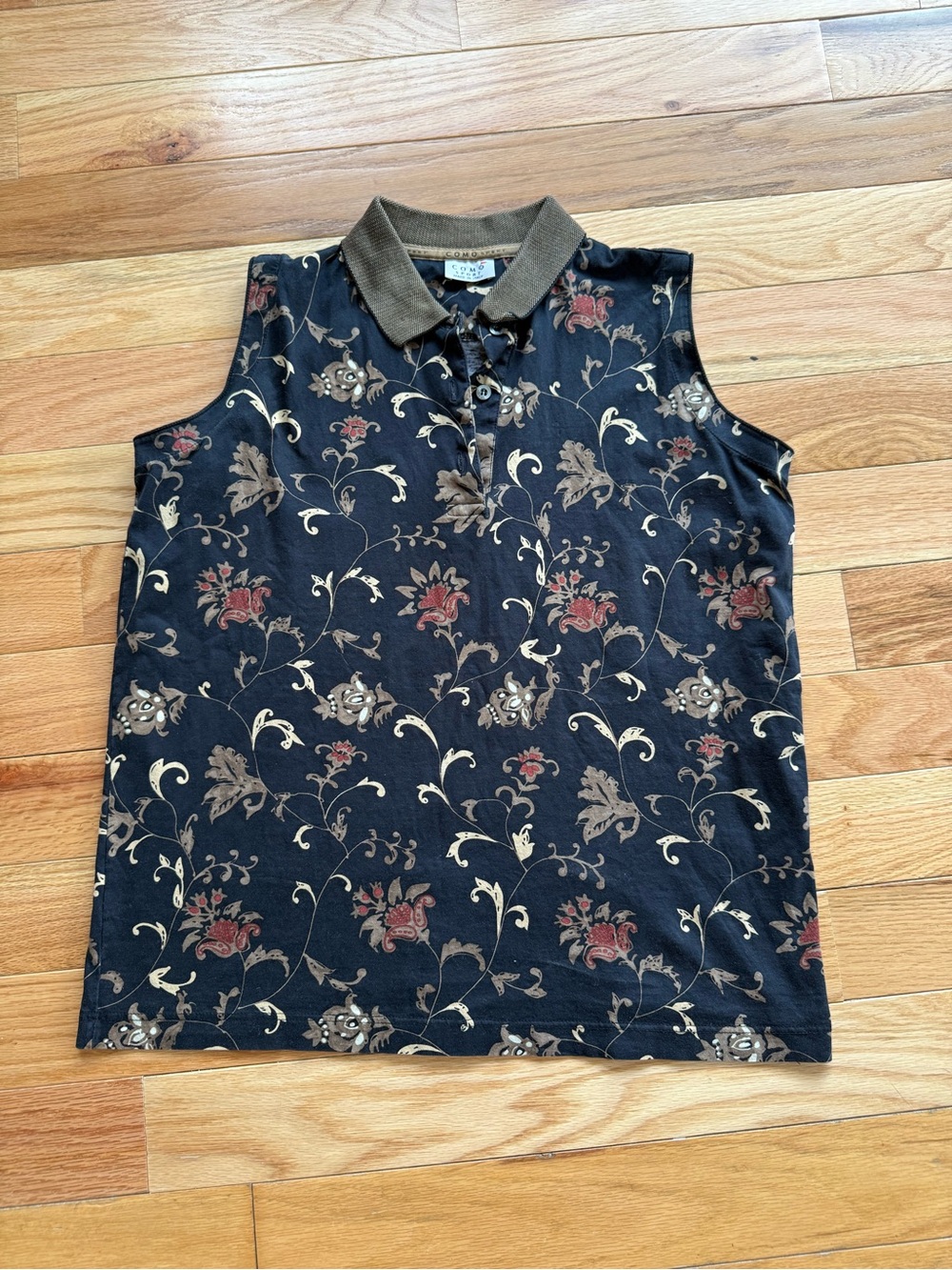 Sleeveless Floral Polo Tank Top - Black/Brown